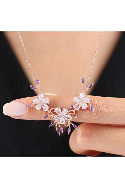 Mia Vento Pırlanta Montür Ametist Taşlı Gül Rüyası Rose Renk Flowers Gümüş Kolye