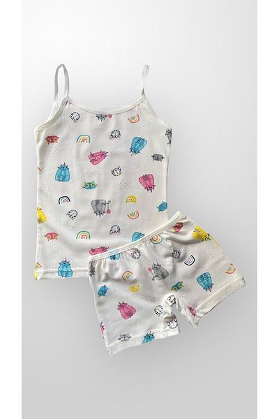 elmas kids Girl - White Undershirt Boxer Set with Rainbow Pattern and Chubby Cat