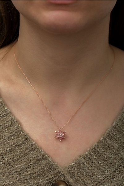 Ervanur Kadın   Gümüş Pembe Taşlı Lotus Çiçeği Kolye 925 Ayar