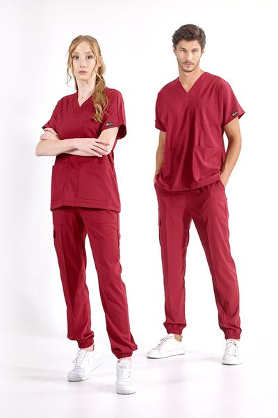 ÇİZGİ MEDİKAL Bordo Jogger Paça Likralı Doktor Hemşire Forması Scrubs Dr Grey...