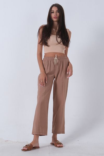 Feminist Beige Linen Trousers - Waist Tied and Elasticated0803447