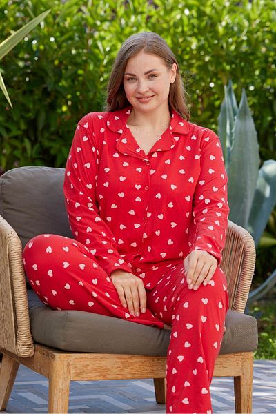 PİJAMOOD ReD Cotton Large Size Long Sleeve Pajamas Set - Front ButtoneD