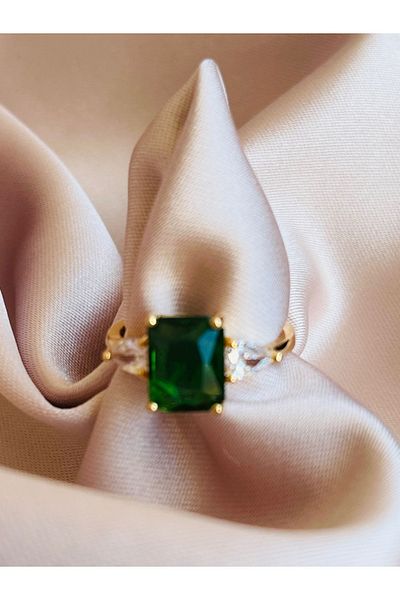 COCOSH TAKI Emerald Green Baguette Single Stone Adjustable Gold Color Ring