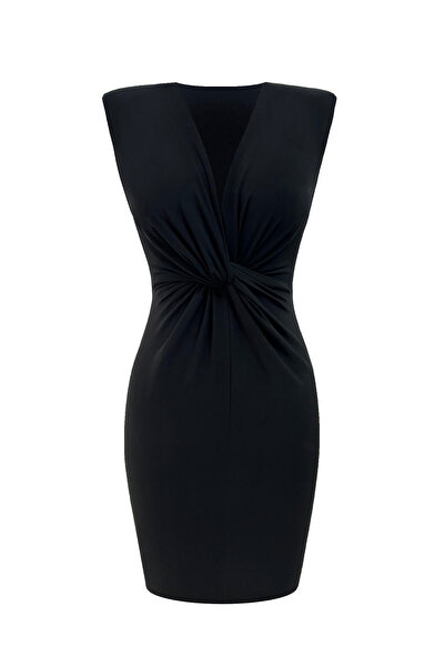 TARA COŞKUNTUNCEL Büzgülü V Yaka Vatkalı Mini Abiye Elbise