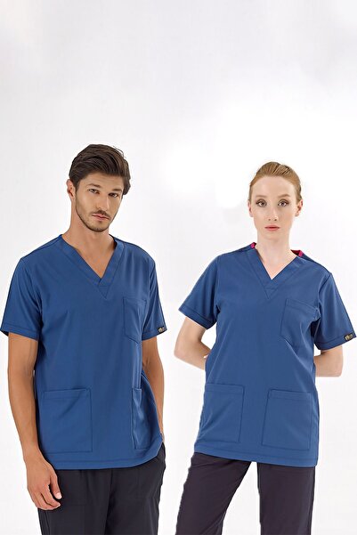 ÇİZGİ MEDİKAL Petrol Mavi Likralı Tek Üst Unisex Kalıp Hemşire Forması Doktor...