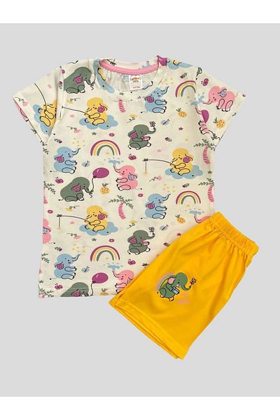 elmas kids Set de pijamale de vară pentru fete, 100% bumbac, cu mâneci scurte, cu model elefant, alb, galben