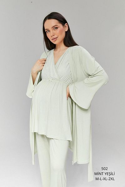 Pijamadam Mint Green Maternity and Maternity Pajamas Set - Triple Dressing Gown Set