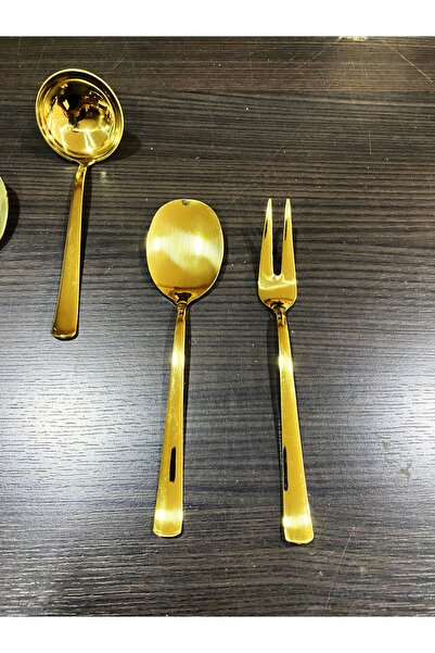 Aslı Hediyelik 5 Pieces Stainless Steel Gold Colander, Ladle, Shovel, Fork, Spoon Serving Set - Dowry Box