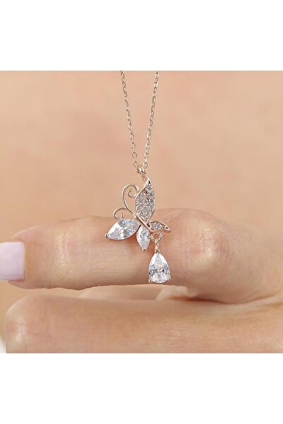 Mia Vento Işıltılı Kelebek Parıltısı Rose Renk Gümüş Kolye