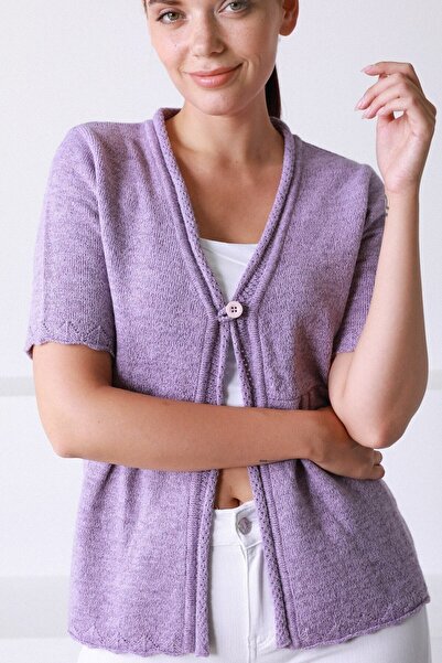 Ferraro Women's Purple V-Neck Single Button Knitwear Cardigan