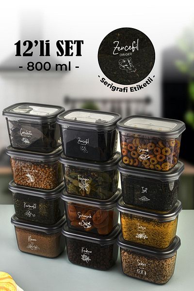 Vienev 12-Piece Peggy Rectangular Spice Jar Set with White Screen Printing Label 800 Ml Anthracite