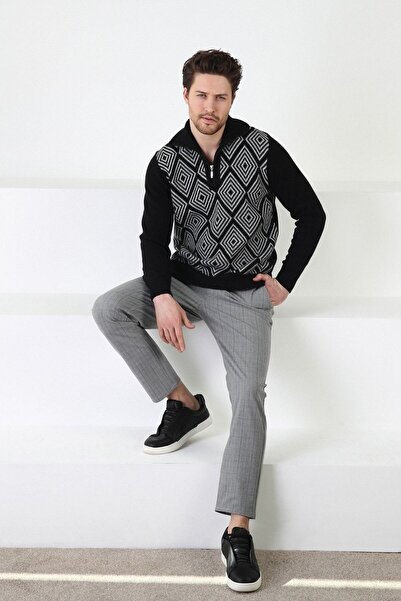 Ferraro Black Square Patterned Stand Collar 100% Lamb Wool Men's Sweater