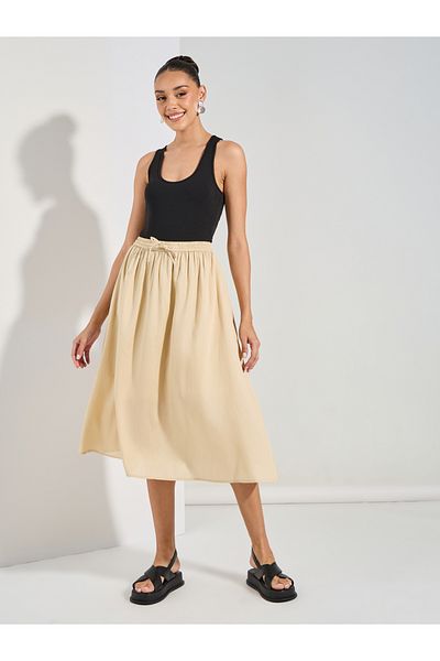 Styli Solid A-Line Midi Skirt with Drawstring