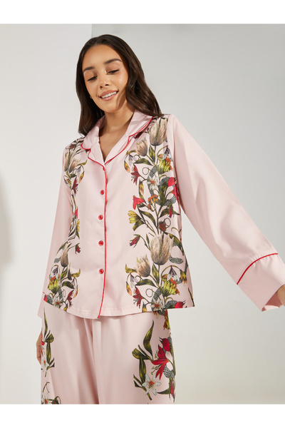 Styli Satin Floral Print Piped Trim Detail Shirt & Pyjama Set