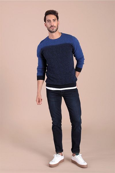 Ferraro Ανδρικό πουλόβερ Navy Blue Crew Neck από βαμβακερό μεταξωτό