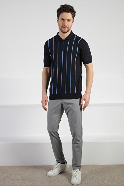 Ferraro Men's Knitwear T-Shirt - Navy Blue, Polo Collar, 100% Cotton, Zippered