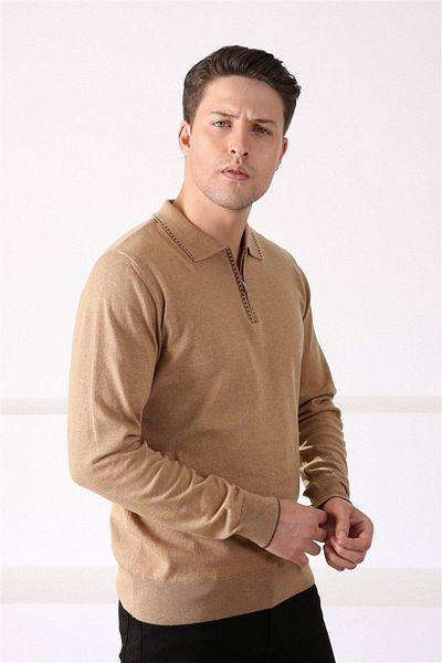 Ferraro Мъжки пуловер от 100% памук с цип и яка Camel Polo