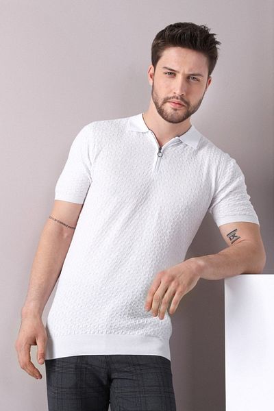Ferraro Tricou alb pentru bărbați, 100% bumbac, cu fermoar, cu guler polo