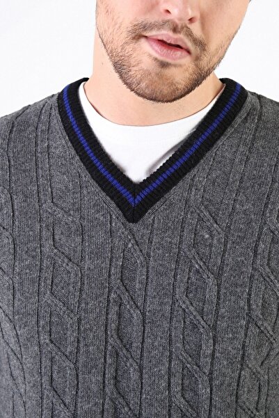 Ferraro Smoked/black V-neck 100% Lamb Wool Men's Sweater