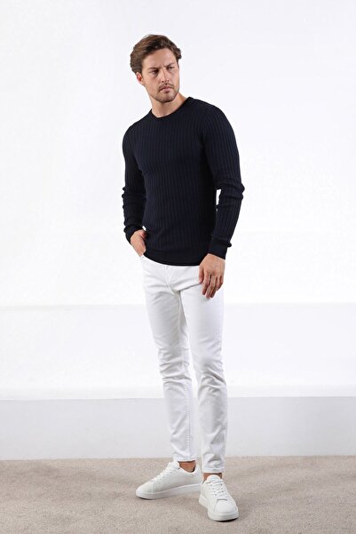 Ferraro Lacivert Bisiklet Yaka Fitilli Erkek Pamuk Kazak