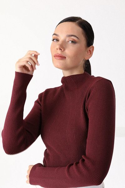 Ferraro Pulover de damă din tricot cu mânecă lungă cu guler modern cireș