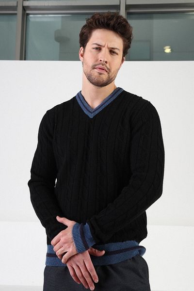 Ferraro Μαύρο/indigo V-Neck 100% Lamb Wool Ανδρικό πουλόβερ