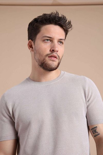 Ferraro A.beige/nescafe μοτίβο με κούφιο λαιμό 100% βαμβακερό ανδρικό πλεκτό μπλουζάκι