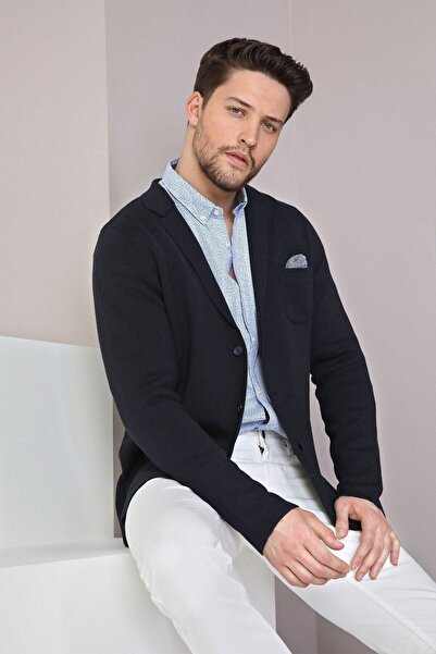 Ferraro Men's Navy Blue Three Button Thin Cotton Knitwear Jacket