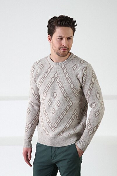 Ferraro A.bej Kare Desenli Bisiklet Yaka %100 Kuzu Yünü Erkek Kazak