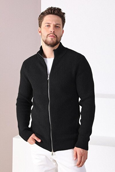 Ferraro Ανδρική μαύρη πλεκτή ζακέτα με διπλό φερμουάρ