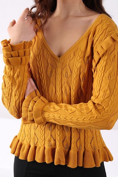 Ferraro Women's Gold V-Neck Sleeve Frilly Cotton Knitwear Sweater