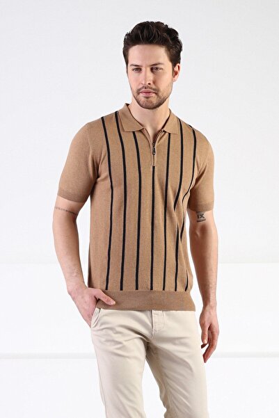 Ferraro Camel Zippered Polo Collar 100% Cotton Men's Knitwear T-shirt