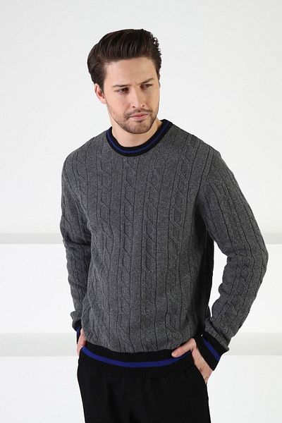 Ferraro Ανδρικό πουλόβερ καπνιστό/μαύρο Crew Neck 100% Lamb Wool
