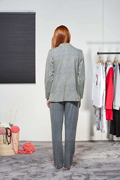 PJS Жіночий сірий піжамний комплект з довгими рукавами та ґудзиками спереду 21141