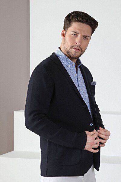 Ferraro Men's Navy Blue Three Button Thin Cotton Knitwear Jacket