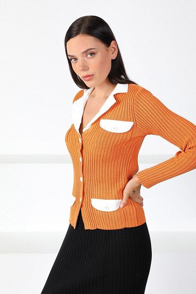Ferraro Women's Orange Orange Shirt Collar Knitwear Cardigan