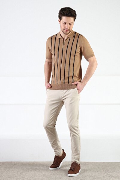 Ferraro Camel Zippered Polo Collar 100% Cotton Men's Knitwear T-shirt