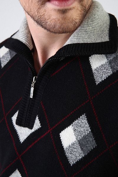 Ferraro Μαύρο/indigo Stand Collar με φερμουάρ 100% Lamb Wool Ανδρικό πουλόβερ