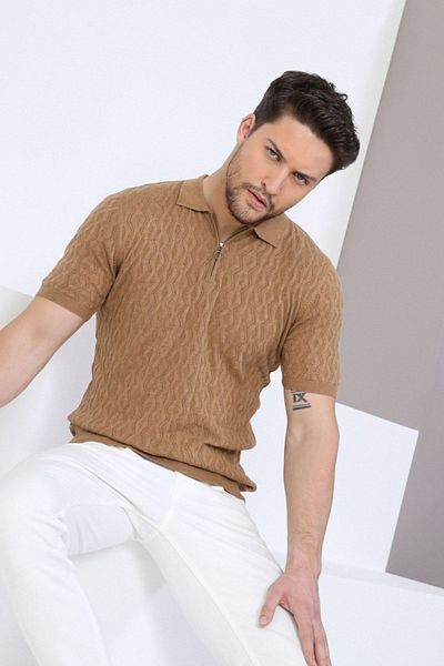 Ferraro Ανδρικό πλεκτό μπλουζάκι Camel Polo Collar με φερμουάρ 100% βαμβακερό