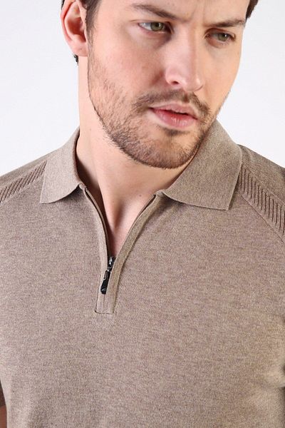 Ferraro Beige Zippered Polo Collar 100% Cotton Men's Knitwear T-shirt