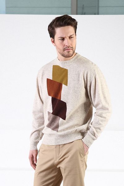 Ferraro Α.μπεζ Crew Neck 100% Lamb Wool Ανδρικό Πουλόβερ