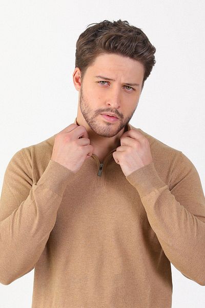 Ferraro Мъжки пуловер с яка тип стойка, 100% памук, едноцветен
