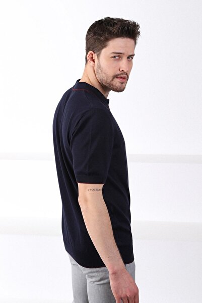 Ferraro Navy Blue Collar Stripe Zippered 100% Cotton Men's Knitwear T-shirt