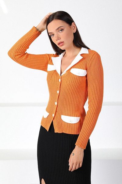 Ferraro Women's Orange Orange Shirt Collar Knitwear Cardigan