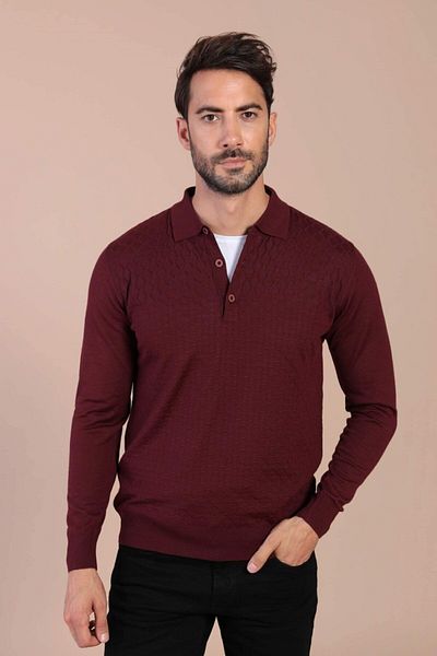 Ferraro Pulover de lână superfină pentru bărbați cu guler polo burgundy