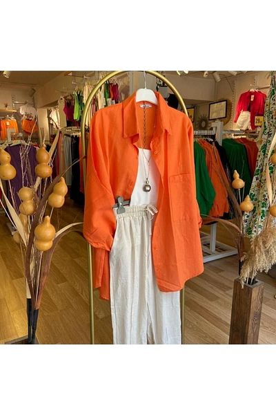 LARİSA COLLECTİON Cămașă oversize din in, cu o singură buzunar, Dark Truncu