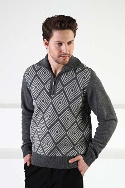 Ferraro Smoked Square Patterned Stand Collar 100% Lamb Wool Men's Sweater