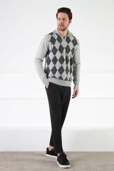 Ferraro A.gri Baklava Desenli Dik Yaka %100 Kuzu Yünü Erkek Kazak