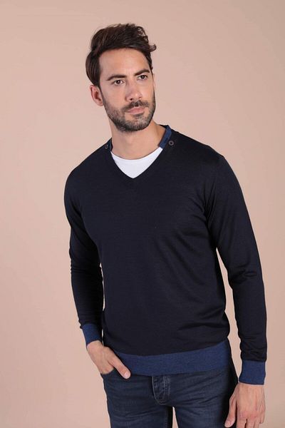 Ferraro Ανδρικό πουλόβερ Navy Blue V-Neck Superfine Wool