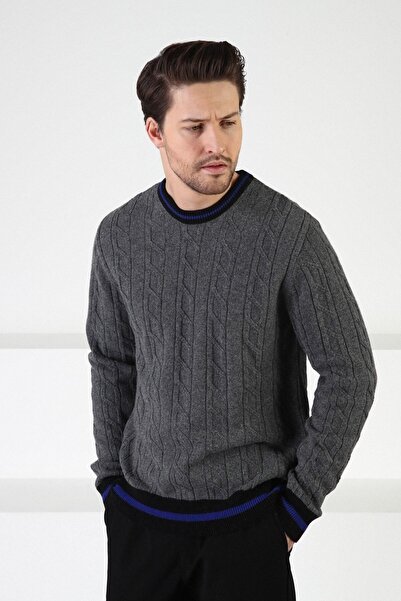 Ferraro Smoked/black Crew Neck 100% Lamb Wool Men's Sweater